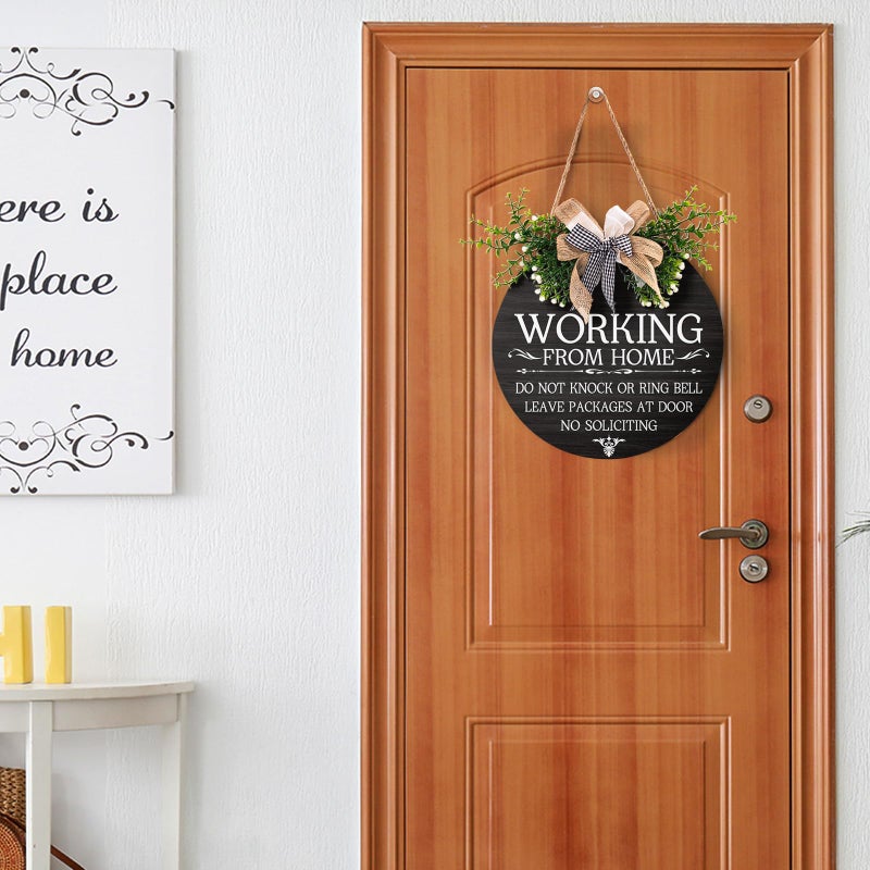 Harooni Working From Home Sign for Front Door 12""x12""  Please Do Not Knock or Ring Bell Sign with Buffalo Plaid Bow for Decoration Welcome Wreath Funny Working Round Wood Hanging for Home Porch Yard - Image 4
