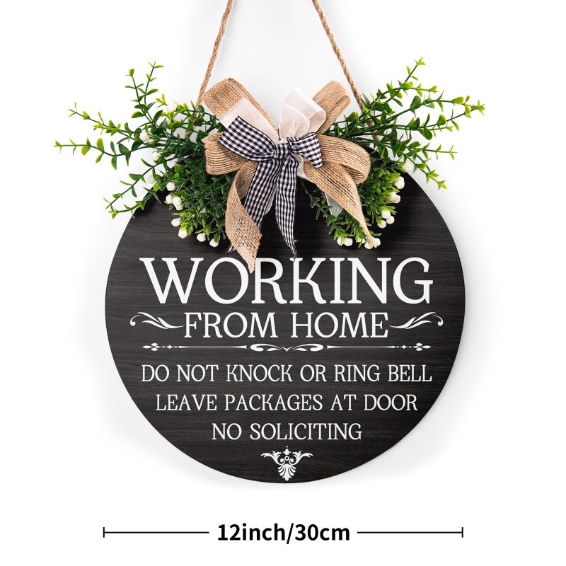 Harooni Working From Home Sign for Front Door 12""x12""  Please Do Not Knock or Ring Bell Sign with Buffalo Plaid Bow for Decoration Welcome Wreath Funny Working Round Wood Hanging for Home Porch Yard - Image 1