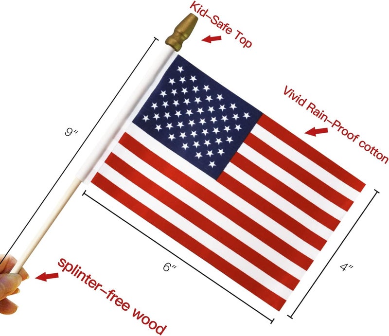 Anley Anley LOT OF 12  USA 4x6 in Wooden Stick Flag  July 4th Decoration Veteran Party Grave Marker etc  HandHeld American Flag with Kid Safe Golden Spear Top Pack of 12  - Image 3