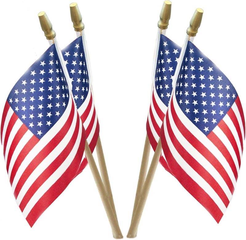 Anley Anley LOT OF 12  USA 4x6 in Wooden Stick Flag  July 4th Decoration Veteran Party Grave Marker etc  HandHeld American Flag with Kid Safe Golden Spear Top Pack of 12  - Image 1