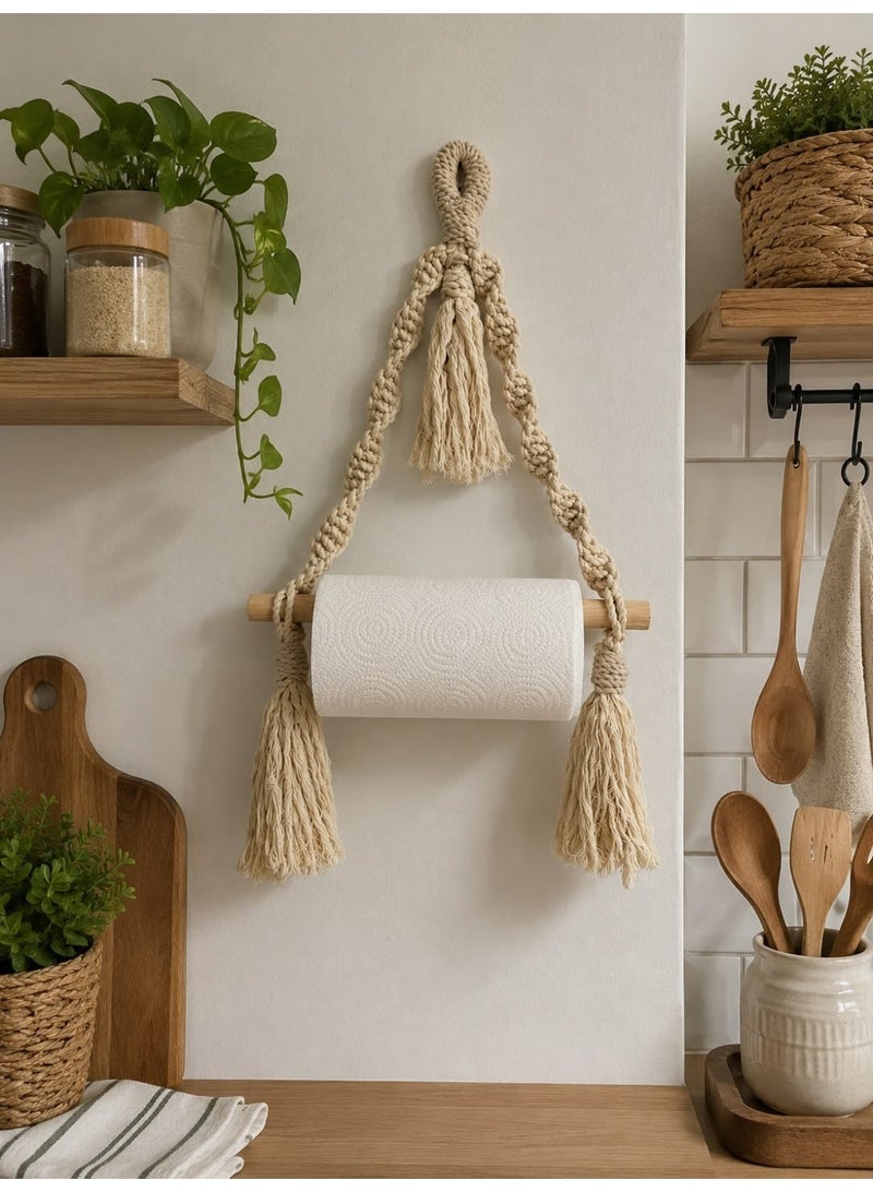 Handmade Macrame Paper Towel Holder and towel Designed to Combine Everyday Organization with Decorative Charm in One Space - Image 1