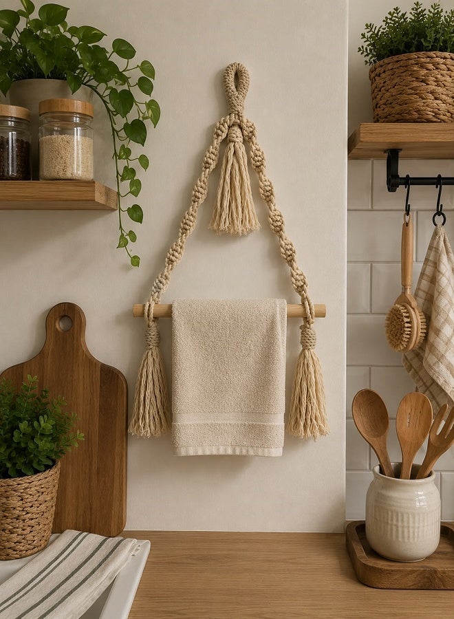 Handmade Macrame Paper Towel Holder and towel Designed to Combine Everyday Organization with Decorative Charm in One Space - Image 2