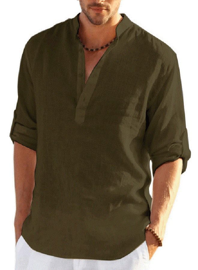 NIBEMINENT Men's Long Sleeve Loose Solid Color Linen Shirt 
