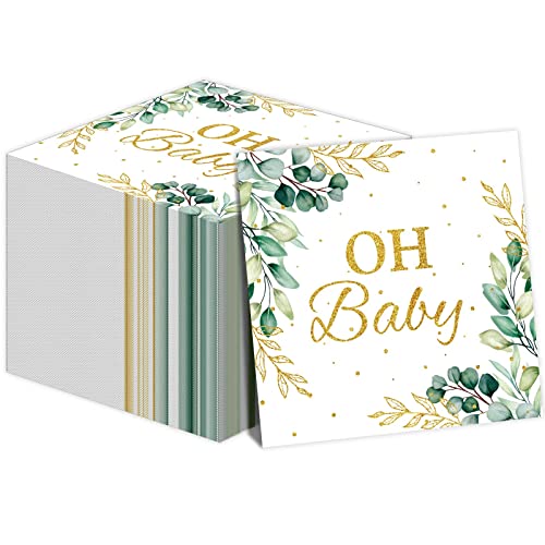 Tevxj Eucalyptus Leaf Oh Baby Napkins Greenery Baby Shower Party Supplies Sage Green Luncheon Napkins Disposable Paper Napkins for Baby Shower Boys Girls Kids Table Decorations 50 Pack - Image 1