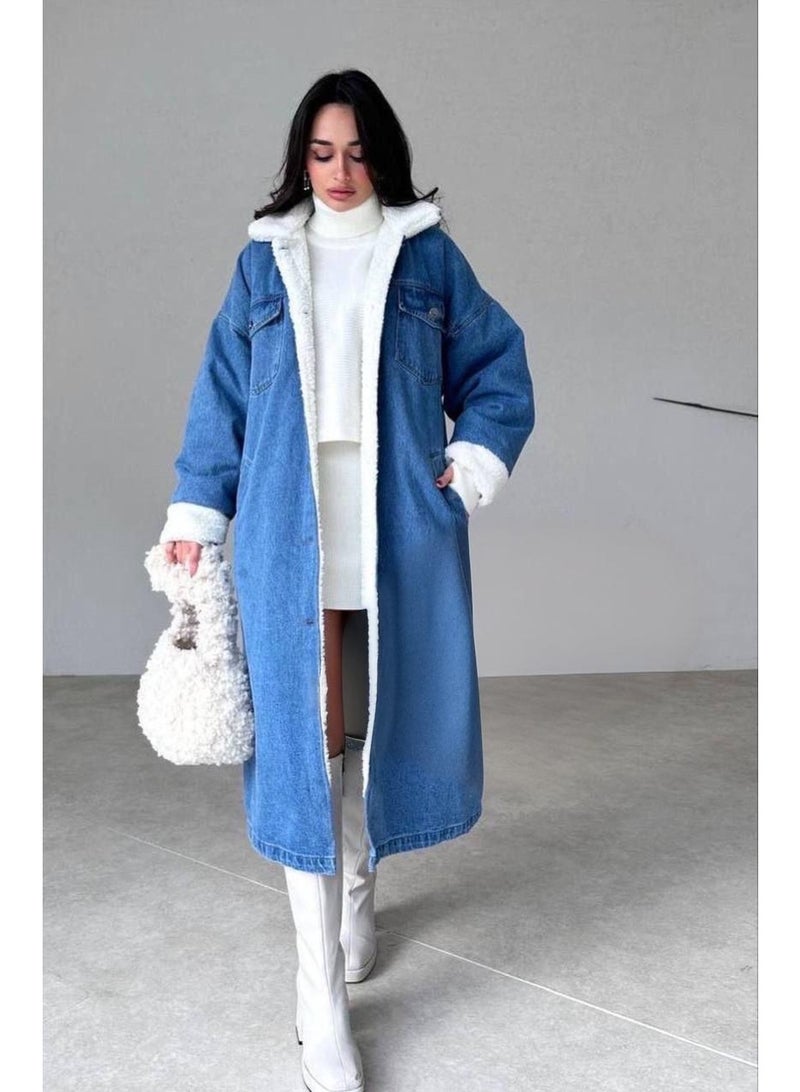 Women's Long Denim Coat Lined with White Sherpa Fur - Image 2