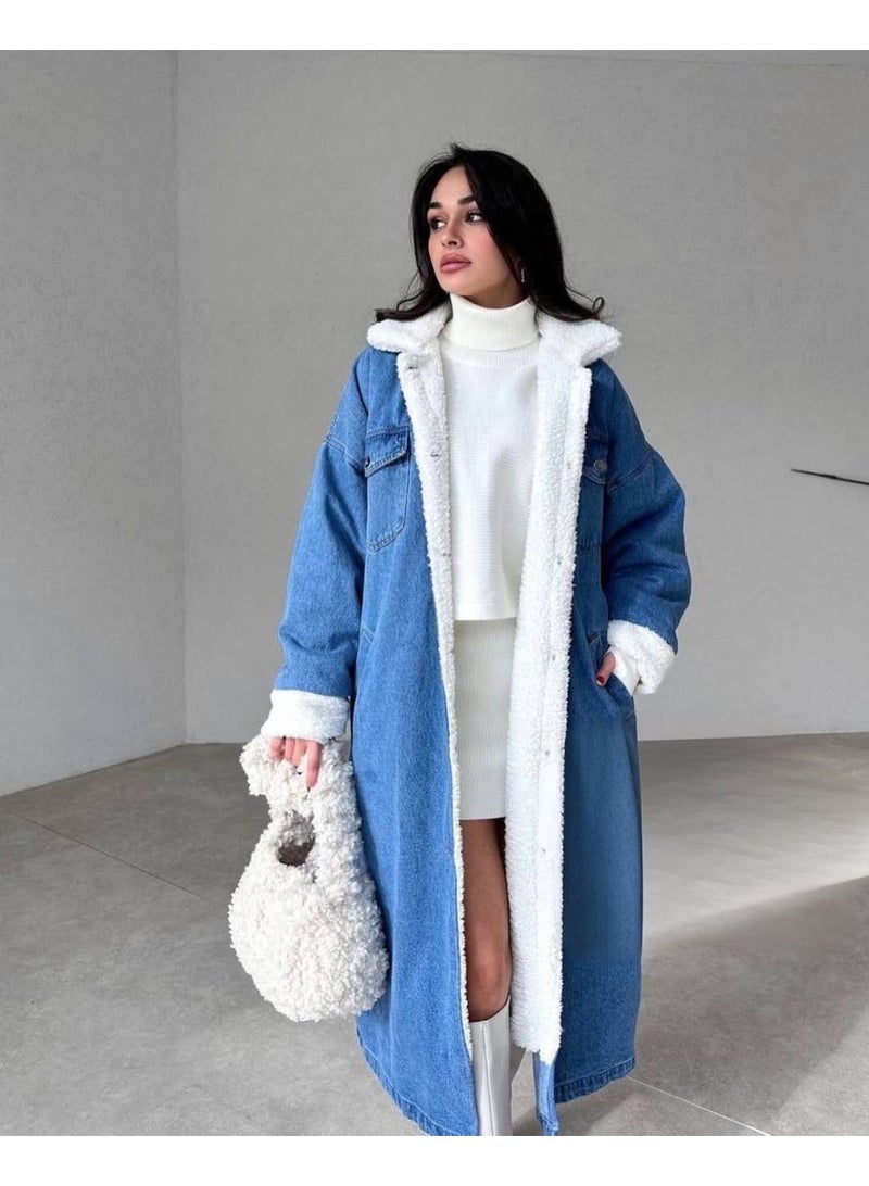Women's Long Denim Coat Lined with White Sherpa Fur - Image 1