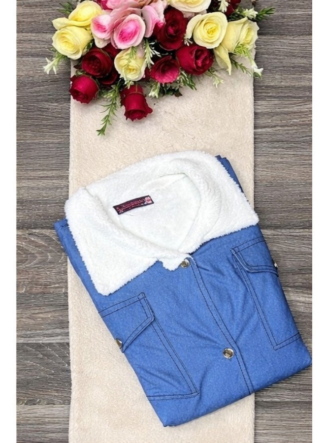 Women's Long Denim Coat Lined with White Sherpa Fur - Image 4