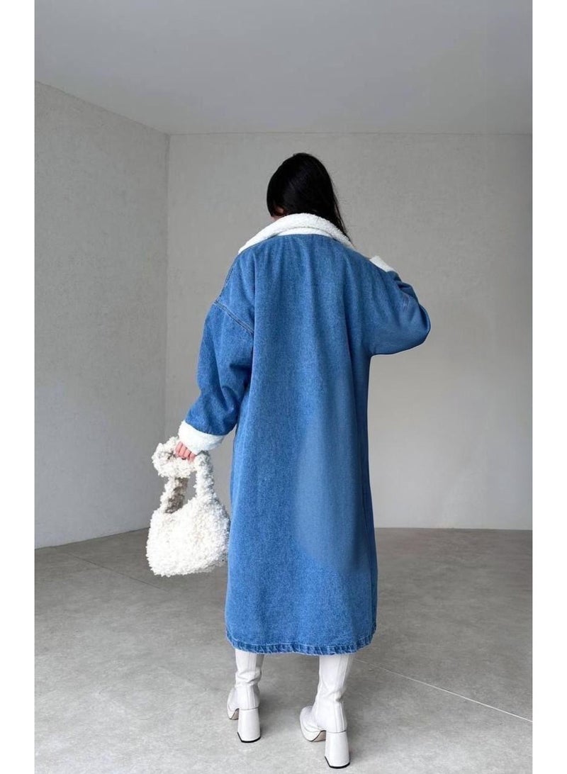 Women's Long Denim Coat Lined with White Sherpa Fur - Image 3