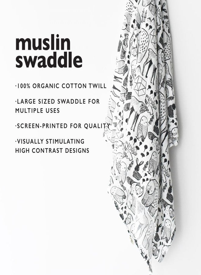 Wee Gallery, Organic Muslin Swaddle - Nordic - Woodland Animals Design, Black and White for Baby Visual Development, Quality Cotton Swaddling or Receiving Blanket - Image 2