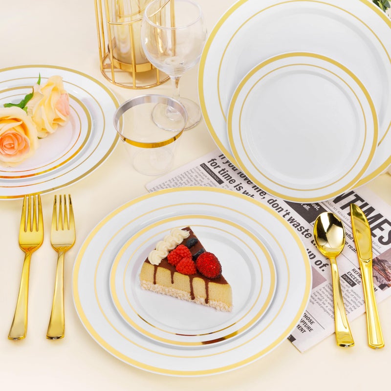 BESTSTAR 100PCS White Plastic Plates for Party, 10.25 Inch Disposable Plates with Gold Rim, Heavy Duty Dinner Plates for Party, Wedding and Birthday - Image 5
