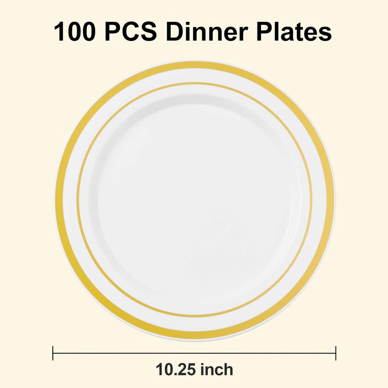 BESTSTAR 100PCS White Plastic Plates for Party, 10.25 Inch Disposable Plates with Gold Rim, Heavy Duty Dinner Plates for Party, Wedding and Birthday - Image 2