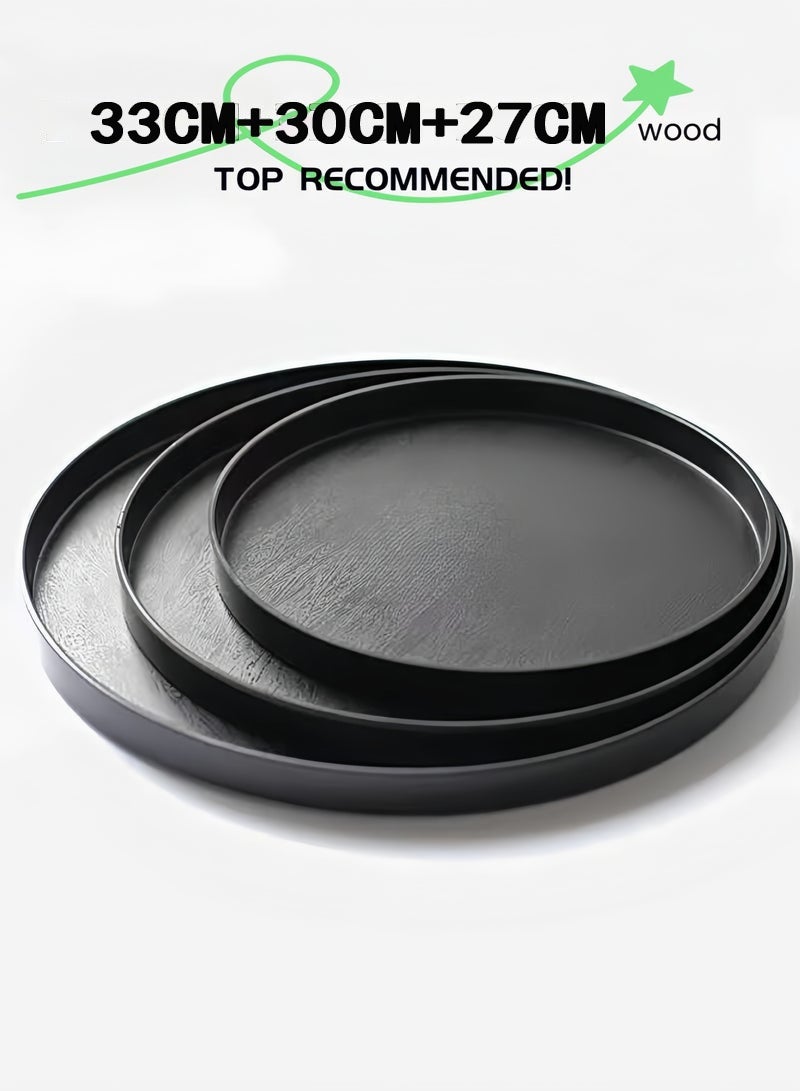 3 قطع من مجموعة صينية تقديم الشاي المصنوعة يدويا ، صينية تقديم من الخشب الصلب ، صواني تقديم مزخرفة طبق دائري غير قابل للانزلاق من الشاي والقهوة للوجبات الخفيفة ووجبة البيتزا ووجبات الطعام صينية تقديم مع حواف مرتفعة لمطعم المطبخ المنزلي - 37.5 سم 33 سم 30 سم ، أسود - Image 2