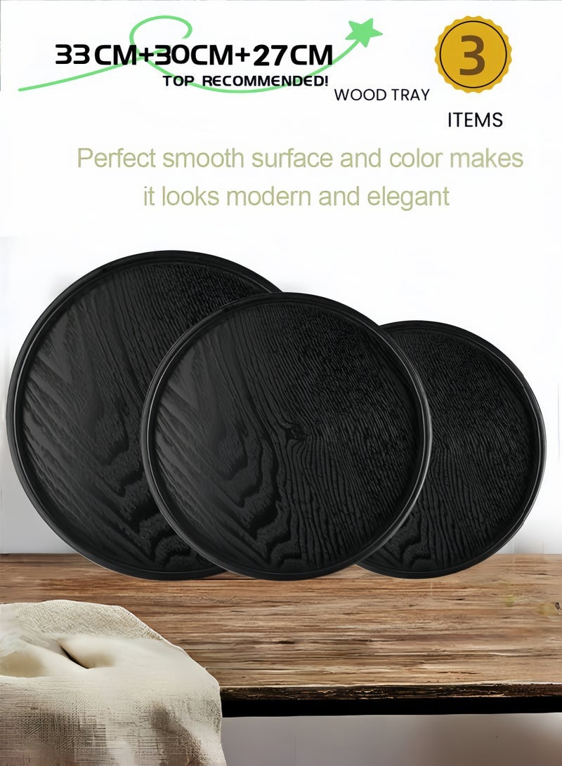 3 قطع من مجموعة صينية تقديم الشاي المصنوعة يدويا ، صينية تقديم من الخشب الصلب ، صواني تقديم مزخرفة طبق دائري غير قابل للانزلاق من الشاي والقهوة للوجبات الخفيفة ووجبة البيتزا ووجبات الطعام صينية تقديم مع حواف مرتفعة لمطعم المطبخ المنزلي - 37.5 سم 33 سم 30 سم ، أسود - Image 1