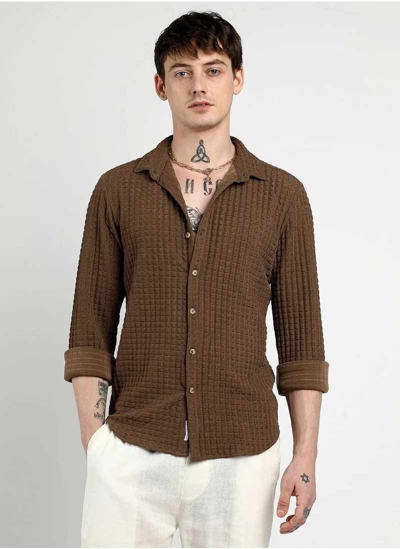 Campus Sutra Men's Chocolate Brown Cube-Textured Shirt