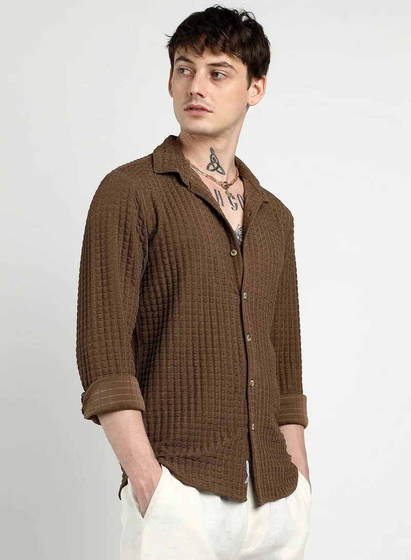 Campus Sutra Men's Chocolate Brown Cube-Textured Shirt