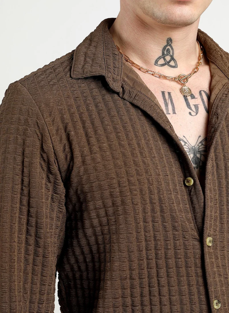 Campus Sutra Men's Chocolate Brown Cube-Textured Shirt