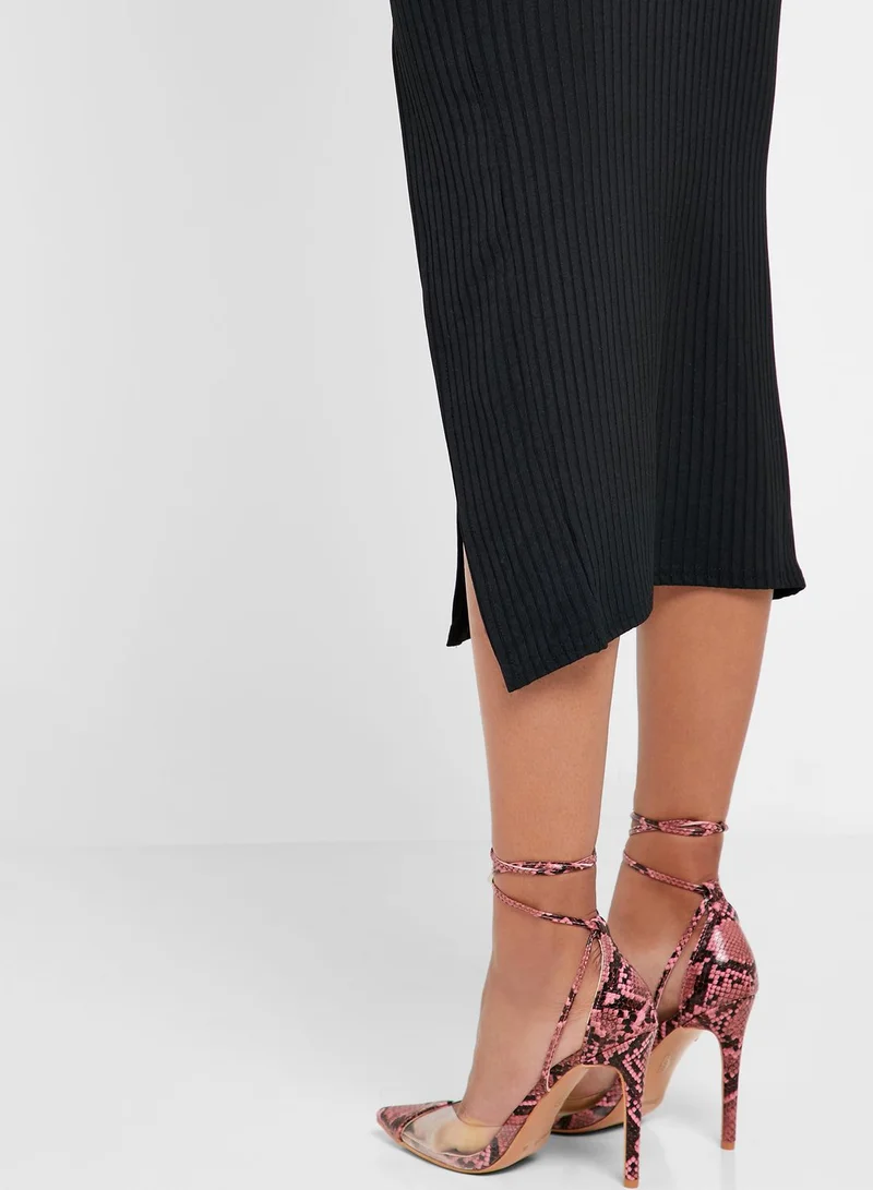 Ginger Vinyl Pointed Toe Court Shoe With Ankle Wrap