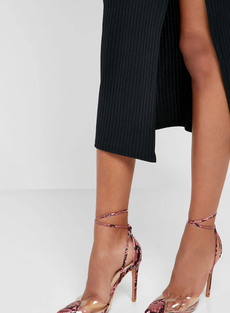Ginger Vinyl Pointed Toe Court Shoe With Ankle Wrap