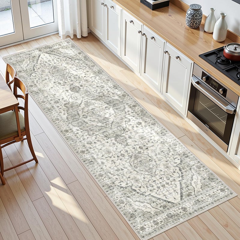 Deerly 3x7 Runner Rugs for Hallway Non-Slip Hallway Runner Rug with Rubber Backing Washable Rug Runner for Kitchen Bedroom Vintage Distressed Carpet (Border Cream) - Image 5