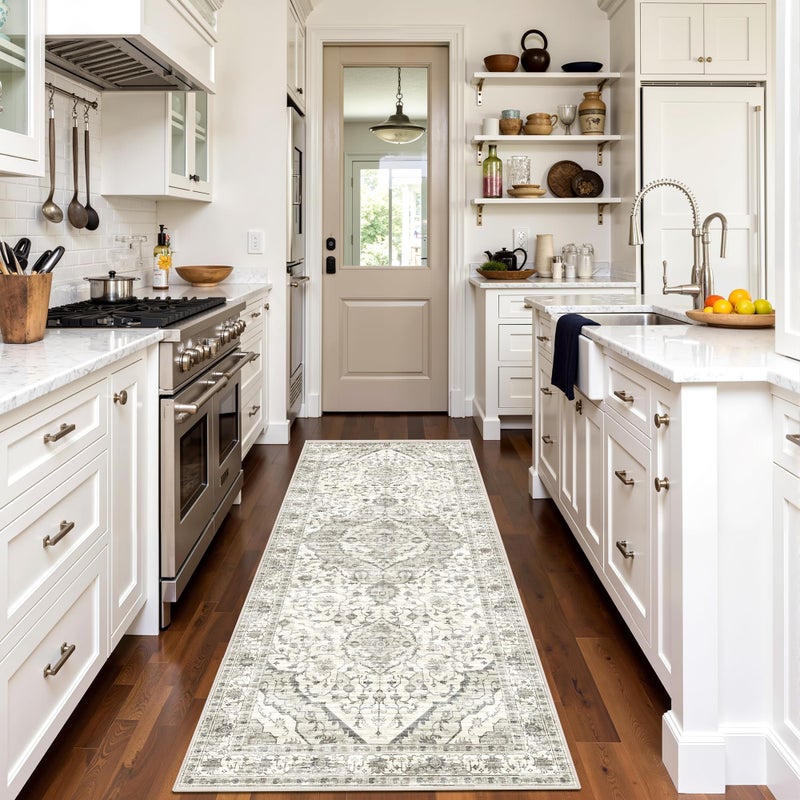 Deerly 3x7 Runner Rugs for Hallway Non-Slip Hallway Runner Rug with Rubber Backing Washable Rug Runner for Kitchen Bedroom Vintage Distressed Carpet (Border Cream) - Image 1