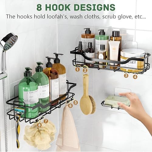 Homeor 3 in 1 Rustproof Stainless Steel Self Adhesive Bathroom Shelf for Wall, Soap Dish, Racks & Shelves for Wall, Bathroom Organizer Without Drill, Adhesive Shower Caddy with Soap Holder, Black - Image 3
