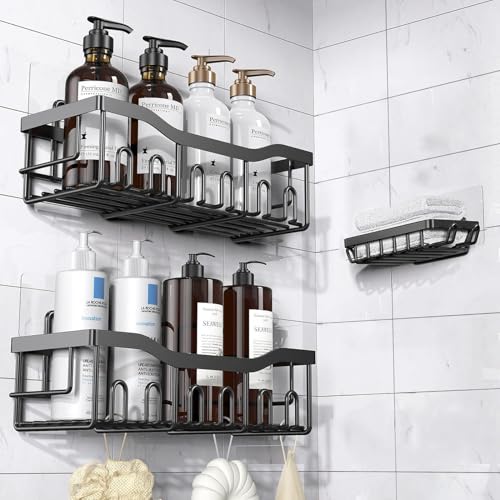 Homeor 3 in 1 Rustproof Stainless Steel Self Adhesive Bathroom Shelf for Wall, Soap Dish, Racks & Shelves for Wall, Bathroom Organizer Without Drill, Adhesive Shower Caddy with Soap Holder, Black - Image 1