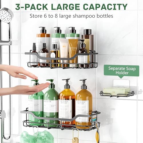 Homeor 3 in 1 Rustproof Stainless Steel Self Adhesive Bathroom Shelf for Wall, Soap Dish, Racks & Shelves for Wall, Bathroom Organizer Without Drill, Adhesive Shower Caddy with Soap Holder, Black - Image 5