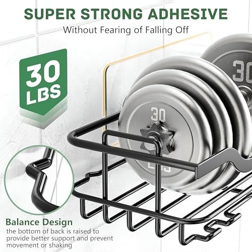 Homeor 3 in 1 Rustproof Stainless Steel Self Adhesive Bathroom Shelf for Wall, Soap Dish, Racks & Shelves for Wall, Bathroom Organizer Without Drill, Adhesive Shower Caddy with Soap Holder, Black - Image 2