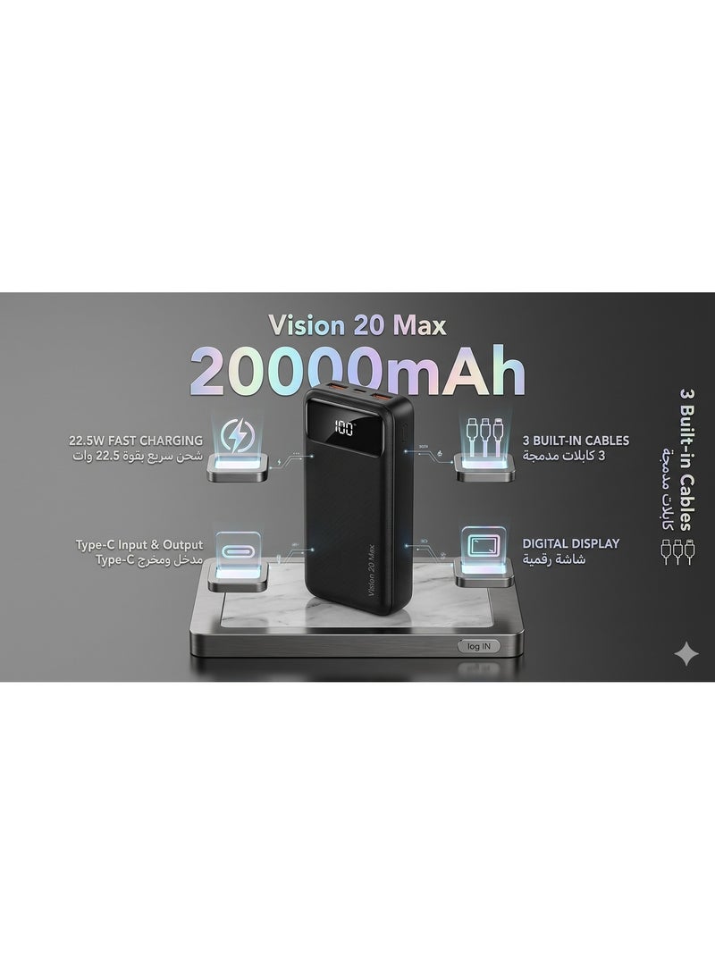 باور بانك ريفر سونج Vision 20 Max - سعة 20000 مللي أمبير، شحن سريع 22.5 وات، منفذ Type-C إدخال وإخراج، مخرج USB مزدوج وشاشة رقمية ذكية