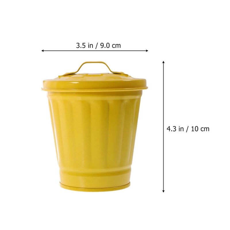 Lidded Tiny Trash Bin 5pcs, Miniature Desktop Garbage Holders with Flower Pot Design, Yellow Iron Tabletop Wastebaskets for Home Office Bedroom Storage - Image 2