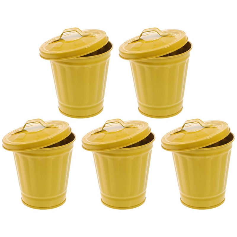 Lidded Tiny Trash Bin 5pcs, Miniature Desktop Garbage Holders with Flower Pot Design, Yellow Iron Tabletop Wastebaskets for Home Office Bedroom Storage - Image 1