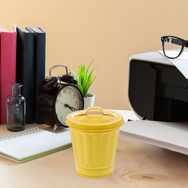 Lidded Tiny Trash Bin 5pcs, Miniature Desktop Garbage Holders with Flower Pot Design, Yellow Iron Tabletop Wastebaskets for Home Office Bedroom Storage - Image 4