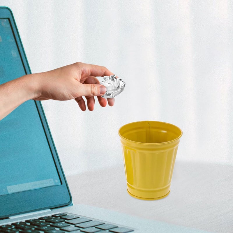 Lidded Tiny Trash Bin 5pcs, Miniature Desktop Garbage Holders with Flower Pot Design, Yellow Iron Tabletop Wastebaskets for Home Office Bedroom Storage - Image 5
