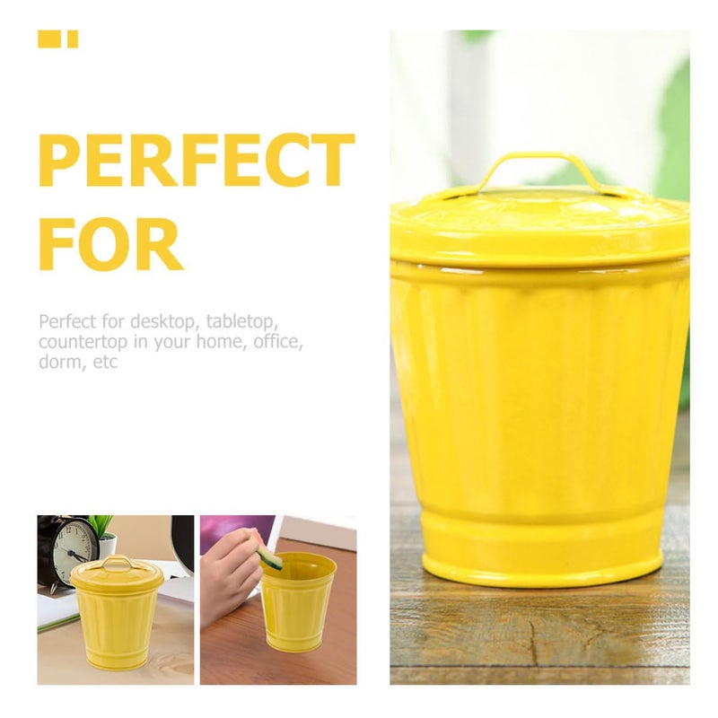 Lidded Tiny Trash Bin 5pcs, Miniature Desktop Garbage Holders with Flower Pot Design, Yellow Iron Tabletop Wastebaskets for Home Office Bedroom Storage - Image 3