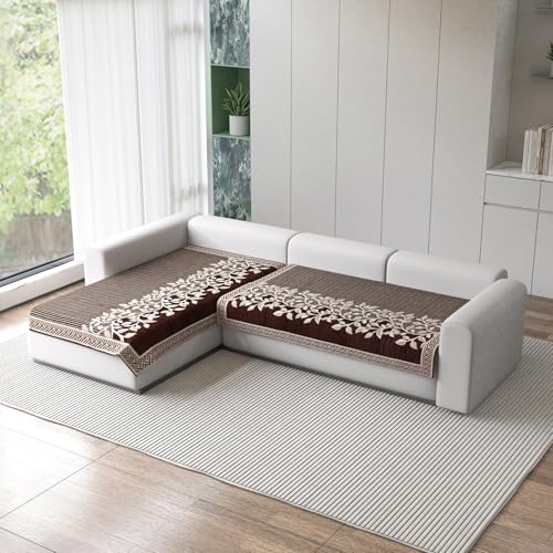 Nendle Superior Velvet Floral Sofa Mat 4 Seater Set Cover Durable Protector for Living Room Sofa Set 2+2, Suitable for L Shape, Sectional and U Shape Sofa (Color Brown, Pack of 2) - Image 1