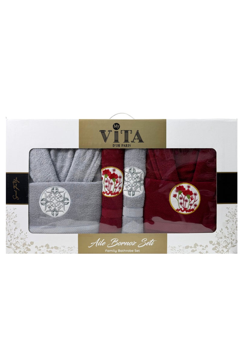 My VITA 6-Piece Turkish Terry Cotton Family Bathrobe Set with Matching Bath Towels and Hand Towels Couples Robe Set Wedding/Bridal Shower Gift Set Grey/Dark Red  - Image 1