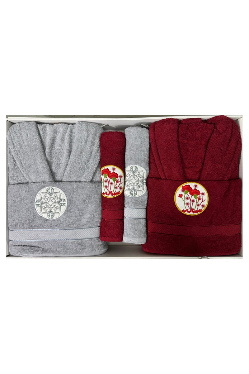 My VITA 6-Piece Turkish Terry Cotton Family Bathrobe Set with Matching Bath Towels and Hand Towels Couples Robe Set Wedding/Bridal Shower Gift Set Grey/Dark Red  - Image 2