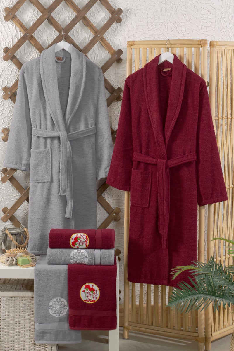 My VITA 6-Piece Turkish Terry Cotton Family Bathrobe Set with Matching Bath Towels and Hand Towels Couples Robe Set Wedding/Bridal Shower Gift Set Grey/Dark Red - Image 1
