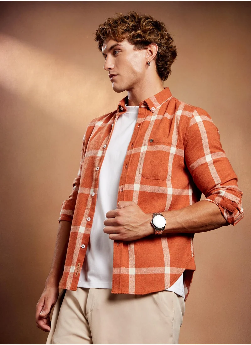 Campus Sutra Campus Sutra Men's Safety Orange Shepherd-Check Regular Shirt For Casual Wear | Spread Collar | Long Cuffed Sleeves | Button Closure | Shirt Crafted With Comfort Fit For Everyday Wear