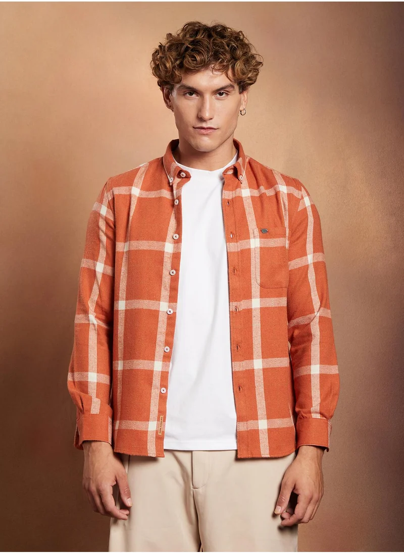 Campus Sutra Campus Sutra Men's Safety Orange Shepherd-Check Regular Shirt For Casual Wear | Spread Collar | Long Cuffed Sleeves | Button Closure | Shirt Crafted With Comfort Fit For Everyday Wear