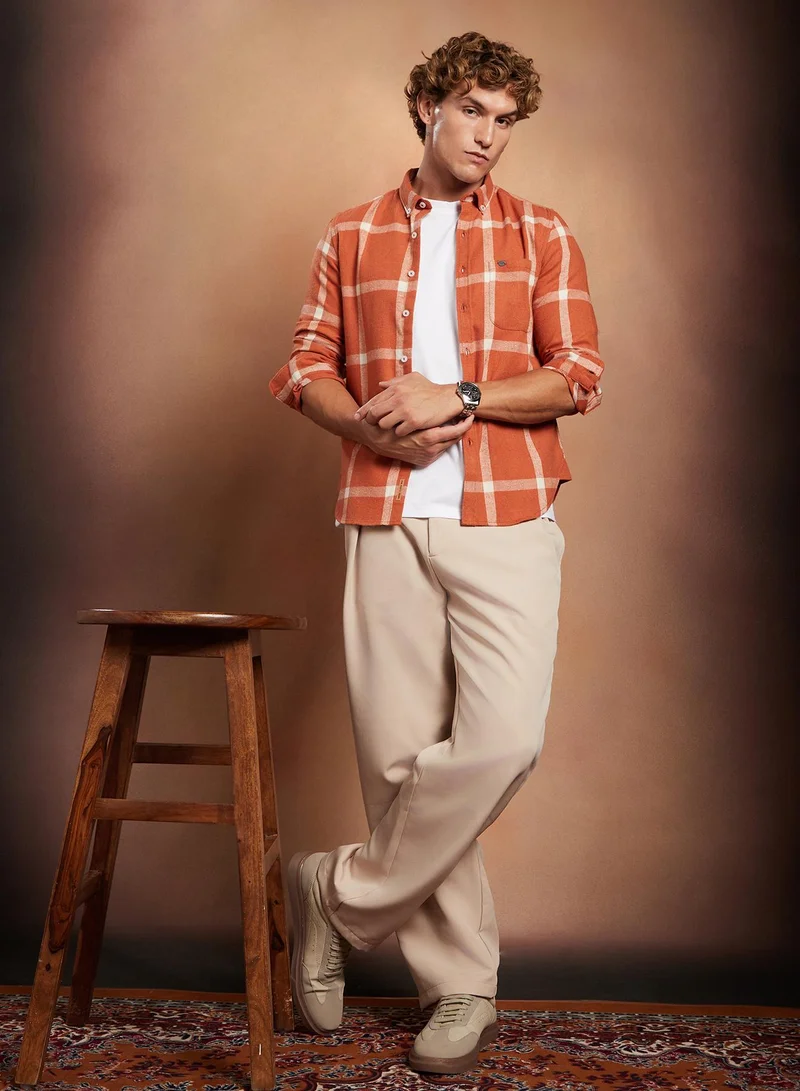 Campus Sutra Campus Sutra Men's Safety Orange Shepherd-Check Regular Shirt For Casual Wear | Spread Collar | Long Cuffed Sleeves | Button Closure | Shirt Crafted With Comfort Fit For Everyday Wear