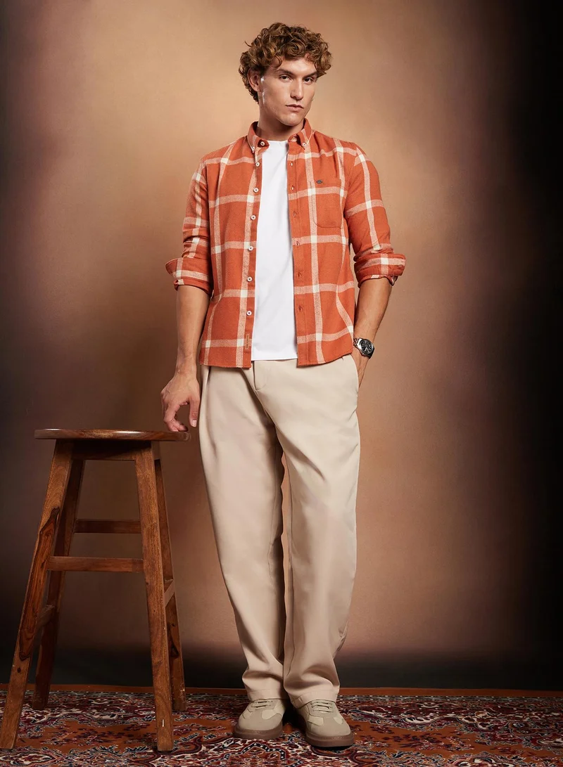 Campus Sutra Campus Sutra Men's Safety Orange Shepherd-Check Regular Shirt For Casual Wear | Spread Collar | Long Cuffed Sleeves | Button Closure | Shirt Crafted With Comfort Fit For Everyday Wear