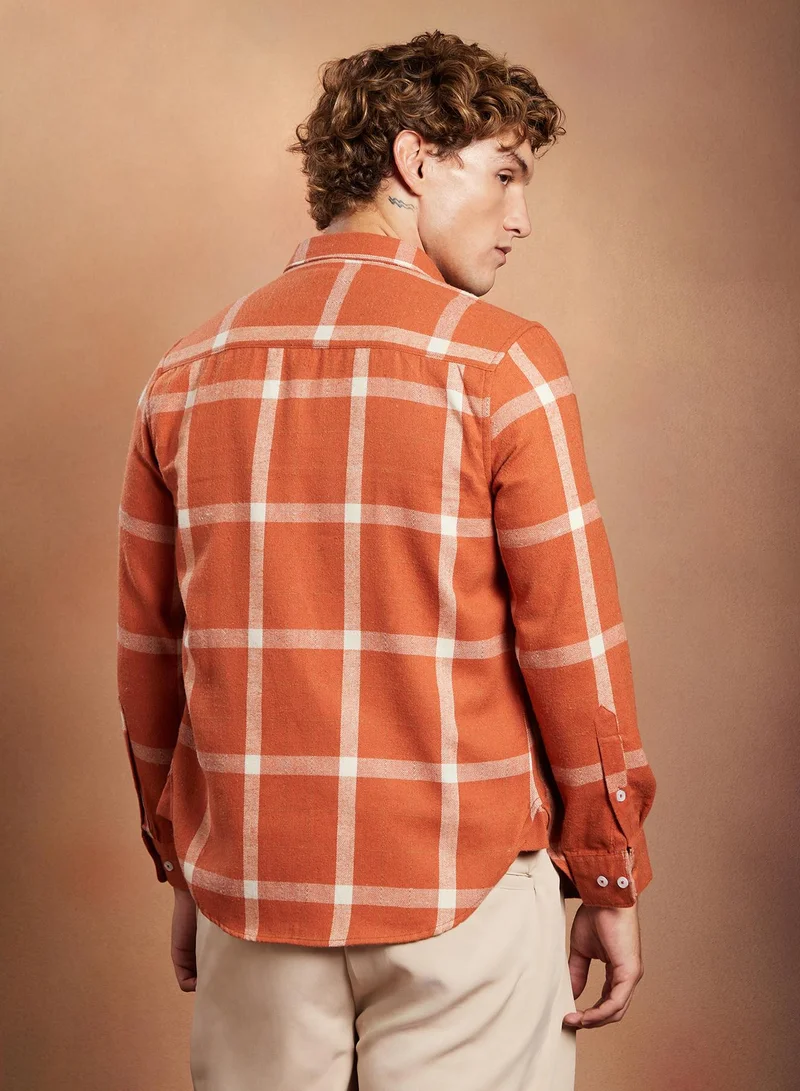 Campus Sutra Campus Sutra Men's Safety Orange Shepherd-Check Regular Shirt For Casual Wear | Spread Collar | Long Cuffed Sleeves | Button Closure | Shirt Crafted With Comfort Fit For Everyday Wear