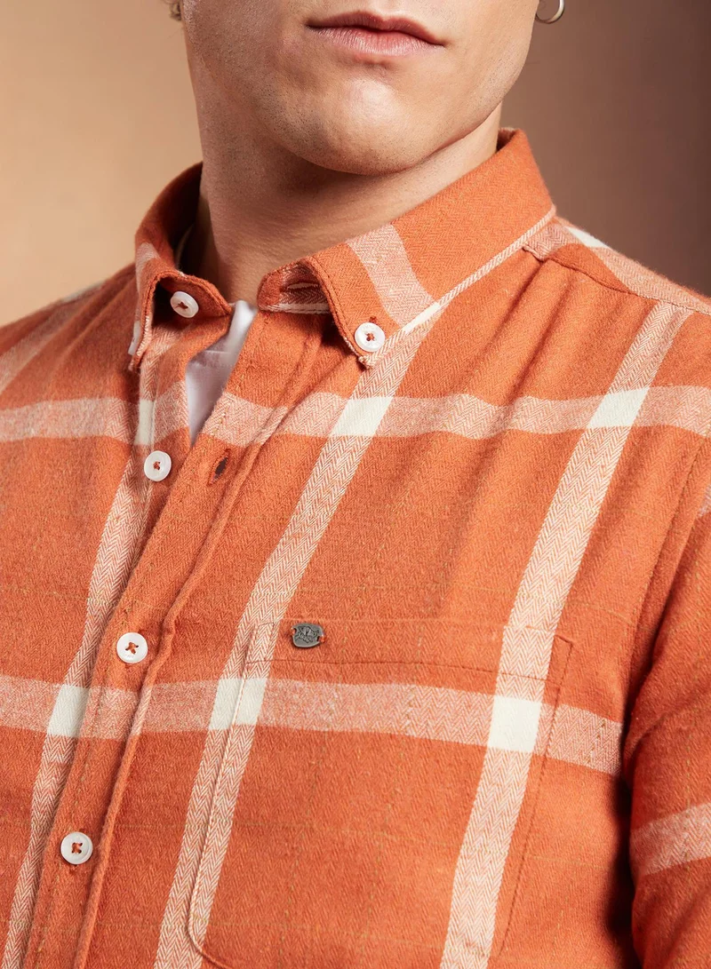 Campus Sutra Campus Sutra Men's Safety Orange Shepherd-Check Regular Shirt For Casual Wear | Spread Collar | Long Cuffed Sleeves | Button Closure | Shirt Crafted With Comfort Fit For Everyday Wear