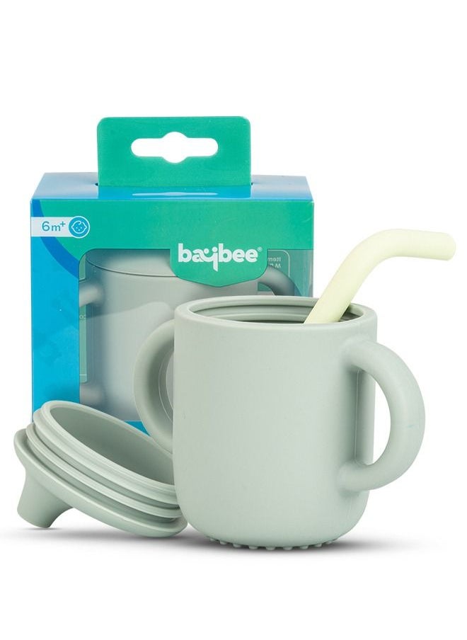 بيبي - كوب للأطفال من السيليكون خالٍ من مادة BPA للتدريب على الشرب ومضاد للانسكاب مع قش وغطاء من السيليكون للأطفال الصغار مقاوم للانسكاب ومقابض مزدوجة وكوب بفوهة للأطفال بعمر 6 أشهر فما فوق باللون الأخضر - Image 1