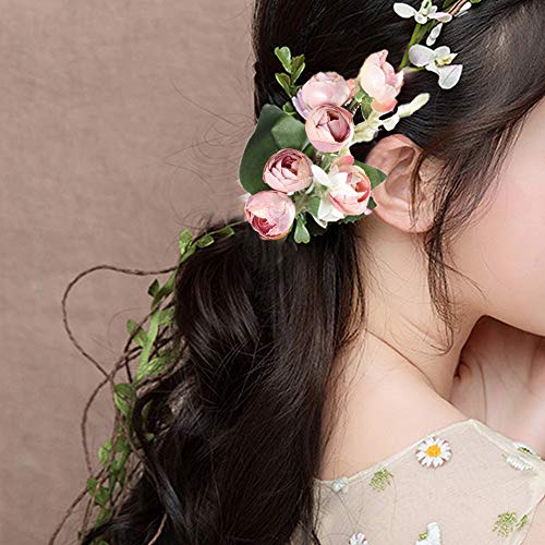 WLBON Flower Crown Headband Rose Wreath Garland Hair Bands Floral Wedding Bridal Hair Hoop Women Ladies Leaf Ribbon Party Decoration Headdress Headwear Christmas Handmade Headpiece Hair Accessories Blue - Image 2