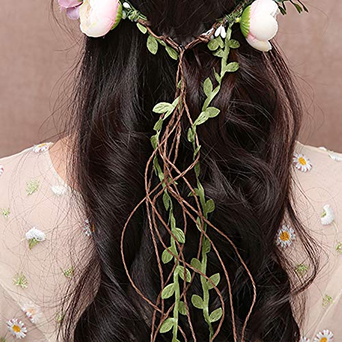 WLBON Flower Crown Headband Rose Wreath Garland Hair Bands Floral Wedding Bridal Hair Hoop Women Ladies Leaf Ribbon Party Decoration Headdress Headwear Christmas Handmade Headpiece Hair Accessories Blue - Image 3