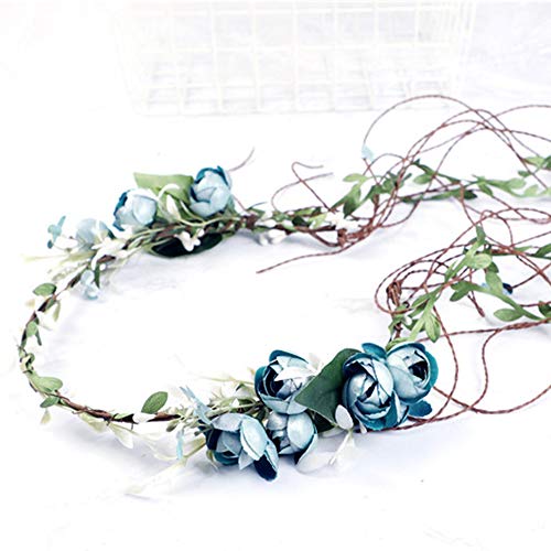 WLBON Flower Crown Headband Rose Wreath Garland Hair Bands Floral Wedding Bridal Hair Hoop Women Ladies Leaf Ribbon Party Decoration Headdress Headwear Christmas Handmade Headpiece Hair Accessories Blue - Image 4