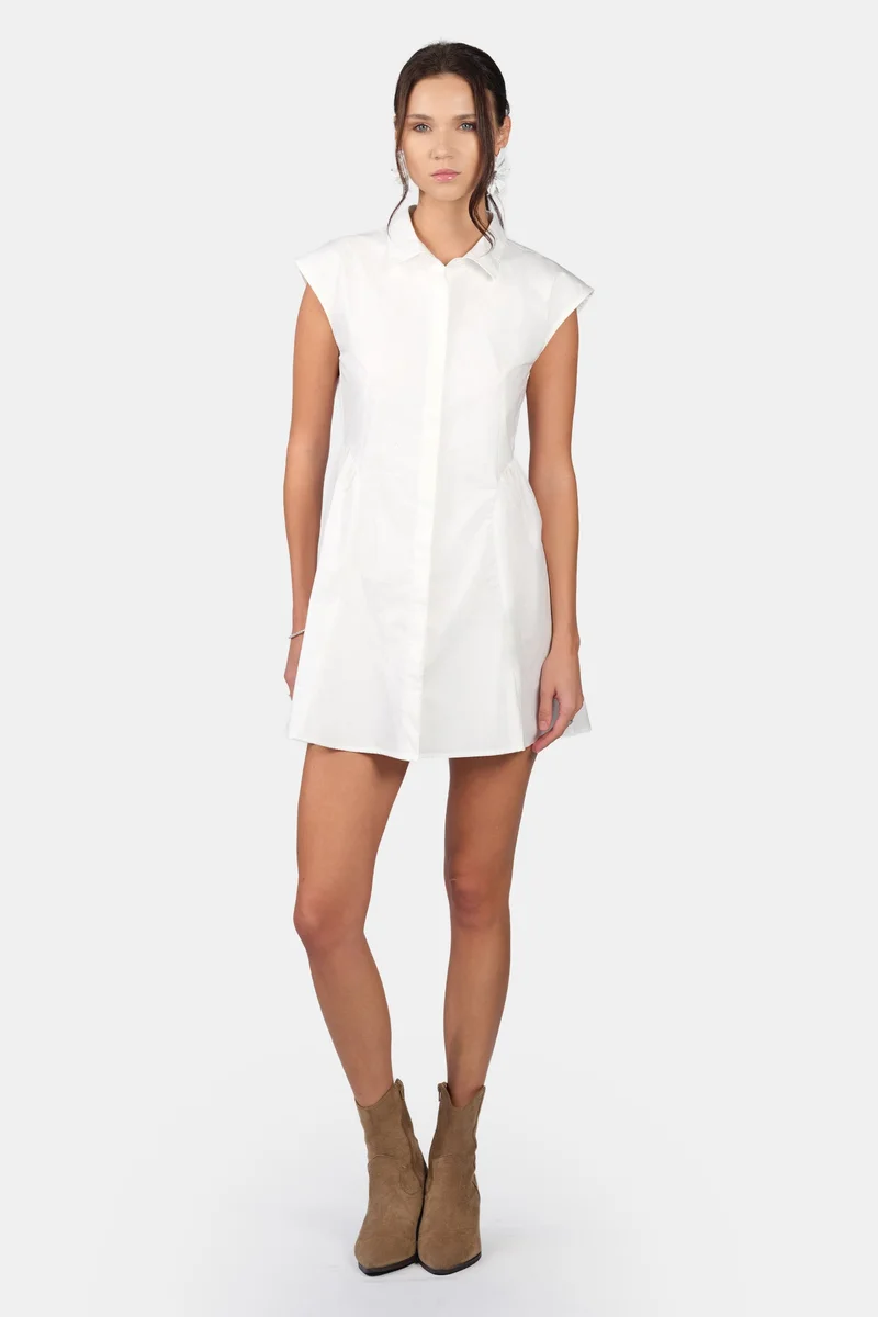 Virgio Solid Cotton Gathered Shirt Mini Dress for Women