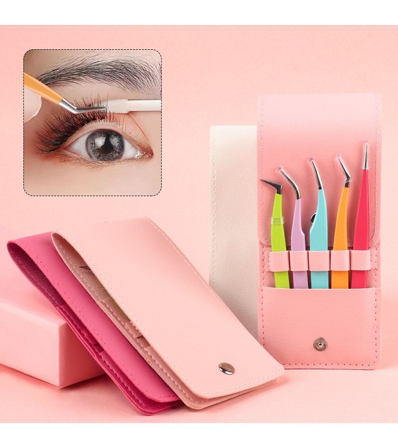Pink Color PU Leather False Eyelash Tweezers Storage Pouch Large Capacity Beauty Storage Case Box - Image 1